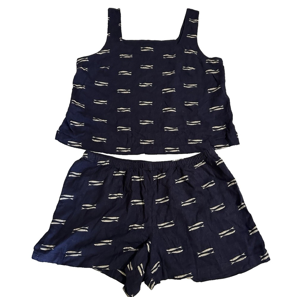 A New Day 2 Pc Linen Blend Fish Print Tank Top Shorts Set Womens L XL Navy
